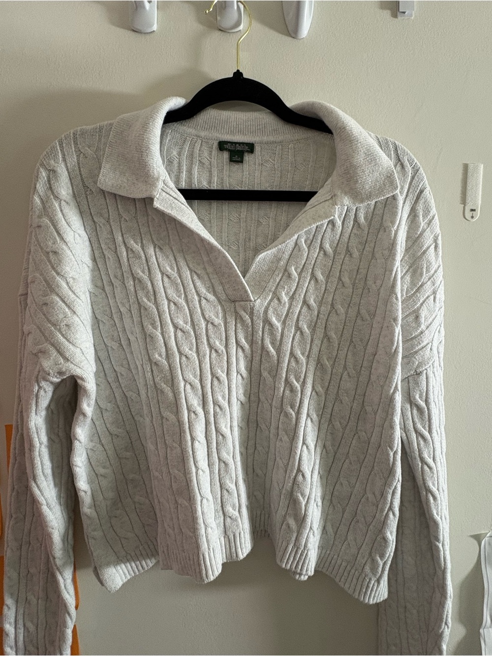 Cable Knit Collared Pullover Sweater - Light Gray